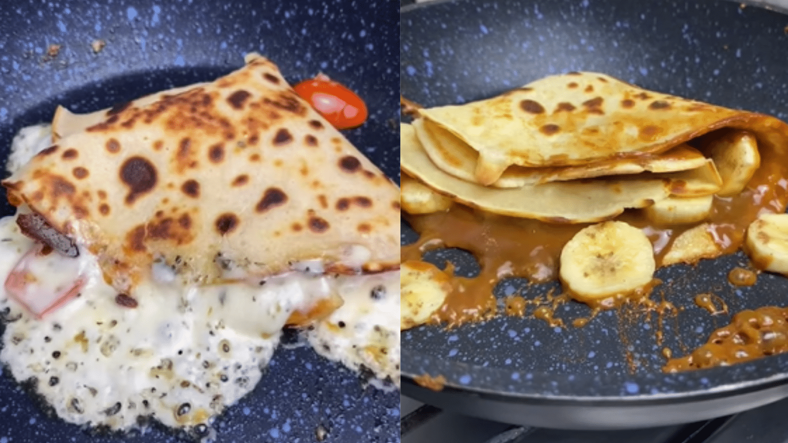 Duas versões de crepioca na frigideira: uma salgada recheada com queijo derretido, tomate e temperos, e outra doce com banana e creme de doce de leite.