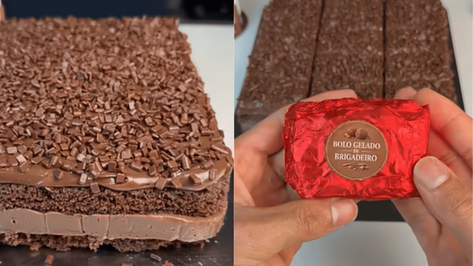 Bolo gelado de brigadeiro com massa molhadinha, recheio cremoso e finalização com granulado, perfeito para servir em fatias ou vender embalado.
