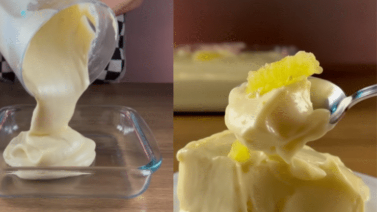 Mousse de limão cremoso sendo despejado em uma travessa de vidro, ao lado de uma colher com mousse firme e pedaço de limão por cima.