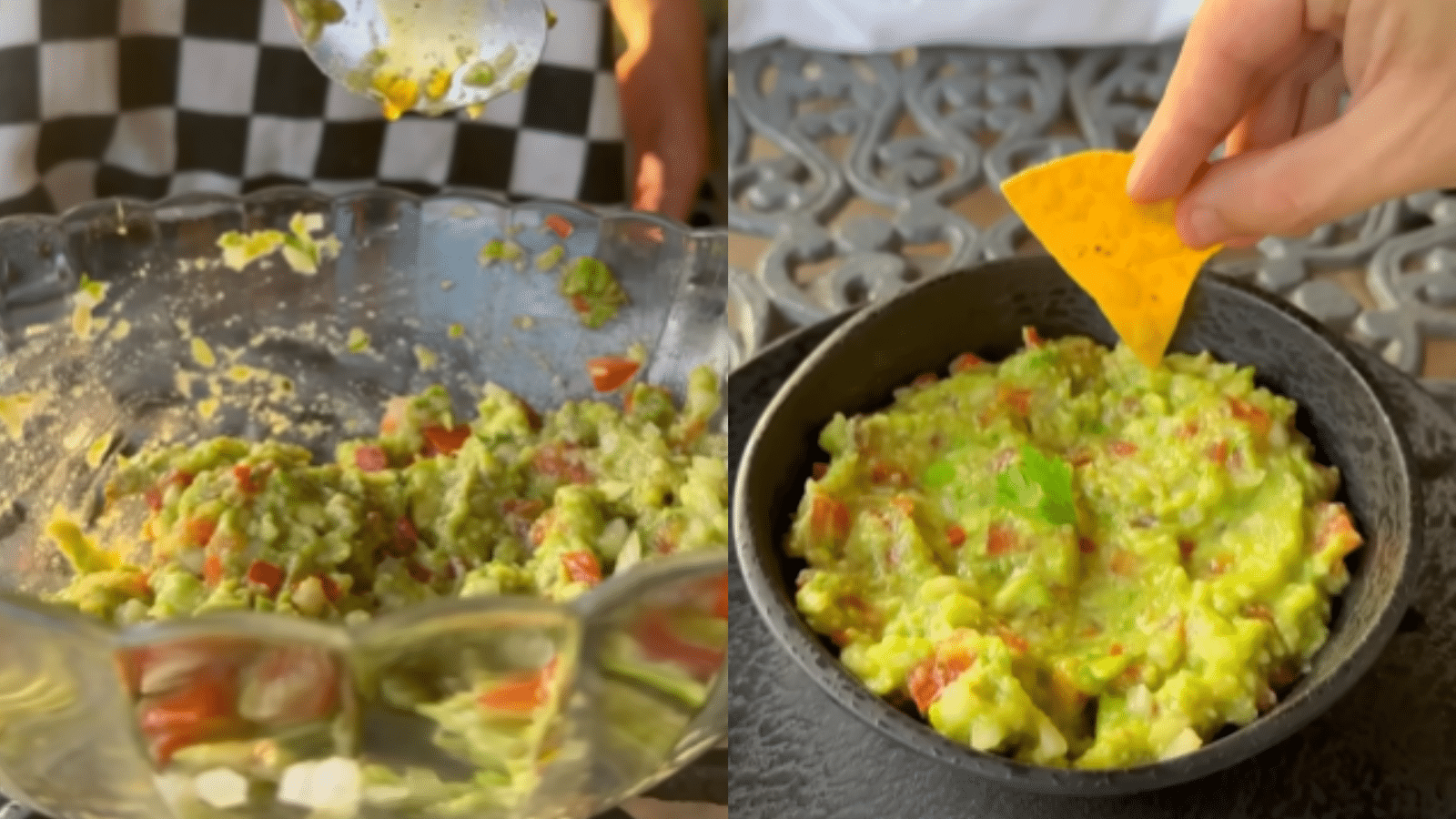 Guacamole caseiro sendo preparado em tigela de vidro, ao lado de uma porção servida em bowl preto com nacho sendo mergulhado no creme de avocado.