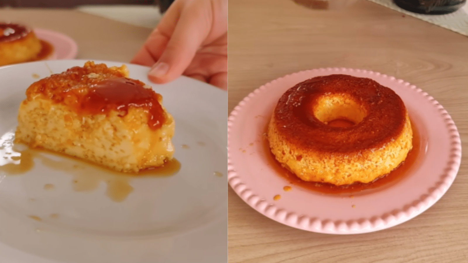 Pudim dourado com calda de caramelo servido em prato rosa, ao lado de uma fatia cremosa em prato branco, destacando a textura macia da sobremesa.
