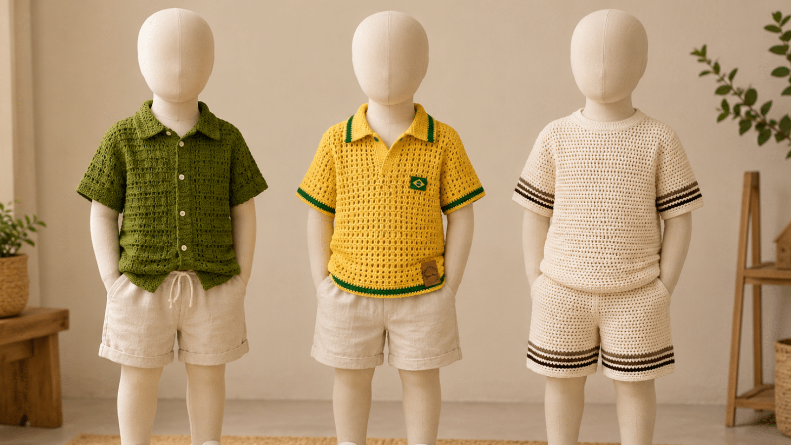 Três manequins infantis sem rosto usando roupas masculinas em crochê, com camisa verde, camisa amarela e conjunto claro artesanal.