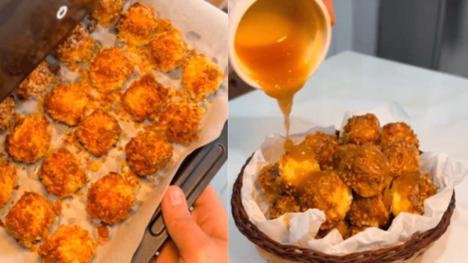 Cubinhos de queijo coalho empanados com farinha panko, assados até ficarem dourados e crocantes, servidos em uma cesta com mel sendo despejado por cima.