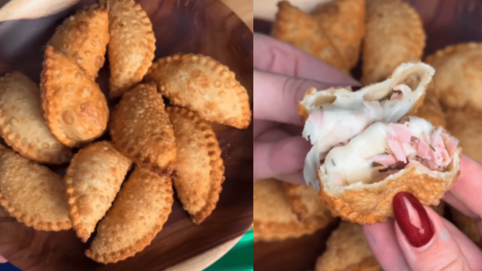Porção de mini pastéis fritos e dourados servidos em tigela, com destaque para um pastel aberto mostrando recheio de queijo derretido e presunto.