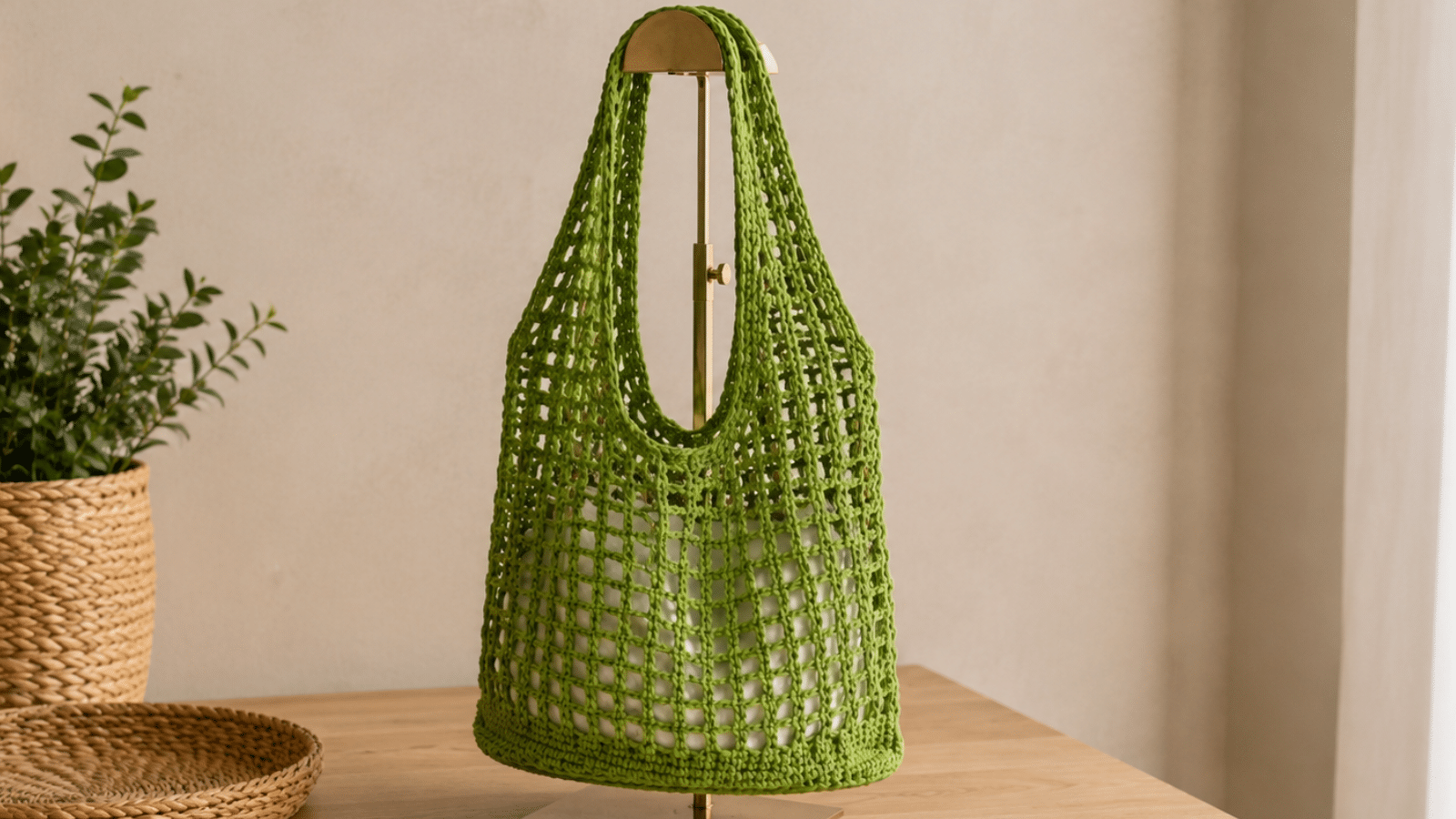 Bolsa de praia em crochê verde exposta em suporte dourado, destacando a trama vazada, o formato artesanal e o visual leve da peça.