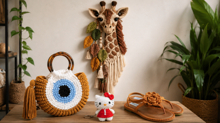 Crochê moderno em diferentes formas: da decoração de parede aos acessórios cheios de personalidade, cada peça mostra como o feito à mão pode ser criativo, versátil e encantador.