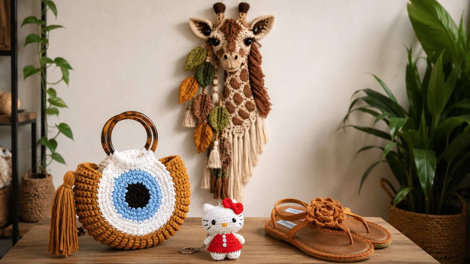 Crochê moderno em diferentes formas: da decoração de parede aos acessórios cheios de personalidade, cada peça mostra como o feito à mão pode ser criativo, versátil e encantador.
