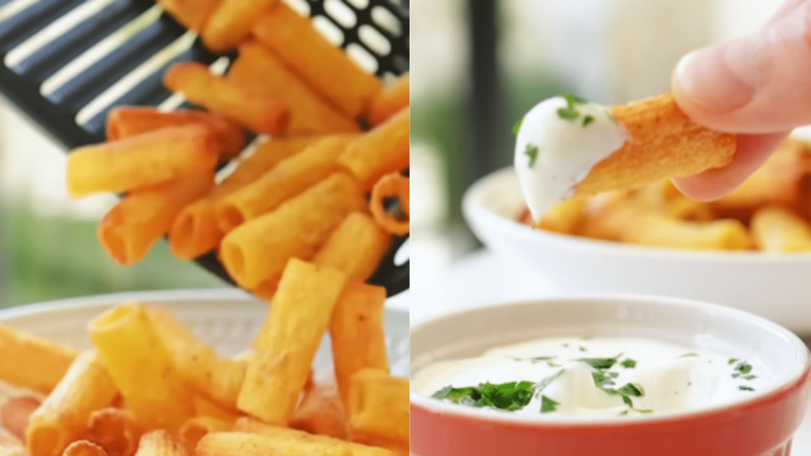Montagem mostra macarrão curto crocante sendo retirado da Air Fryer e servido com molho cremoso branco, enquanto uma pessoa mergulha um pedaço no molho.