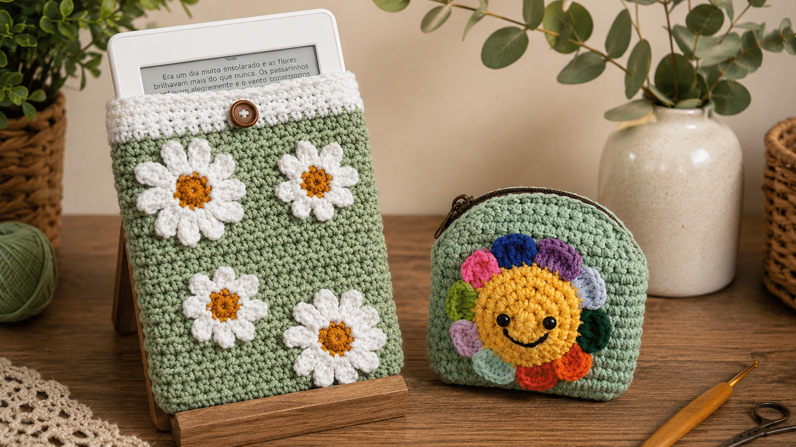 Bolsinhas de crochê mostram como o artesanato pode unir beleza e função: uma versão protege o tablet com delicadeza, enquanto a outra organiza pequenos itens com charme colorido.