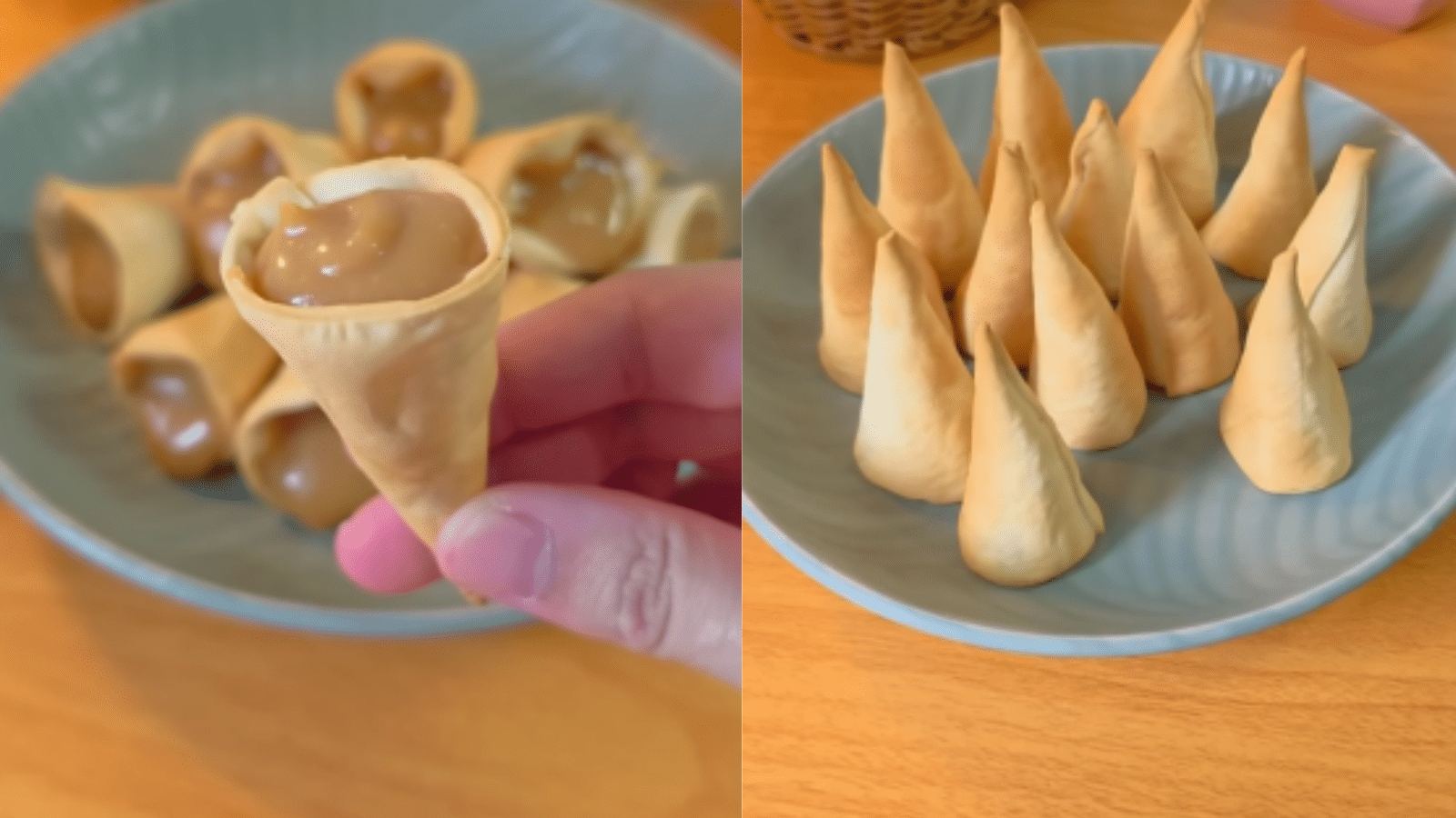 Montagem mostra canudinhos doces de massa de pastel assados na Air Fryer, alguns vazios em um prato azul e outros recheados com doce de leite cremoso.