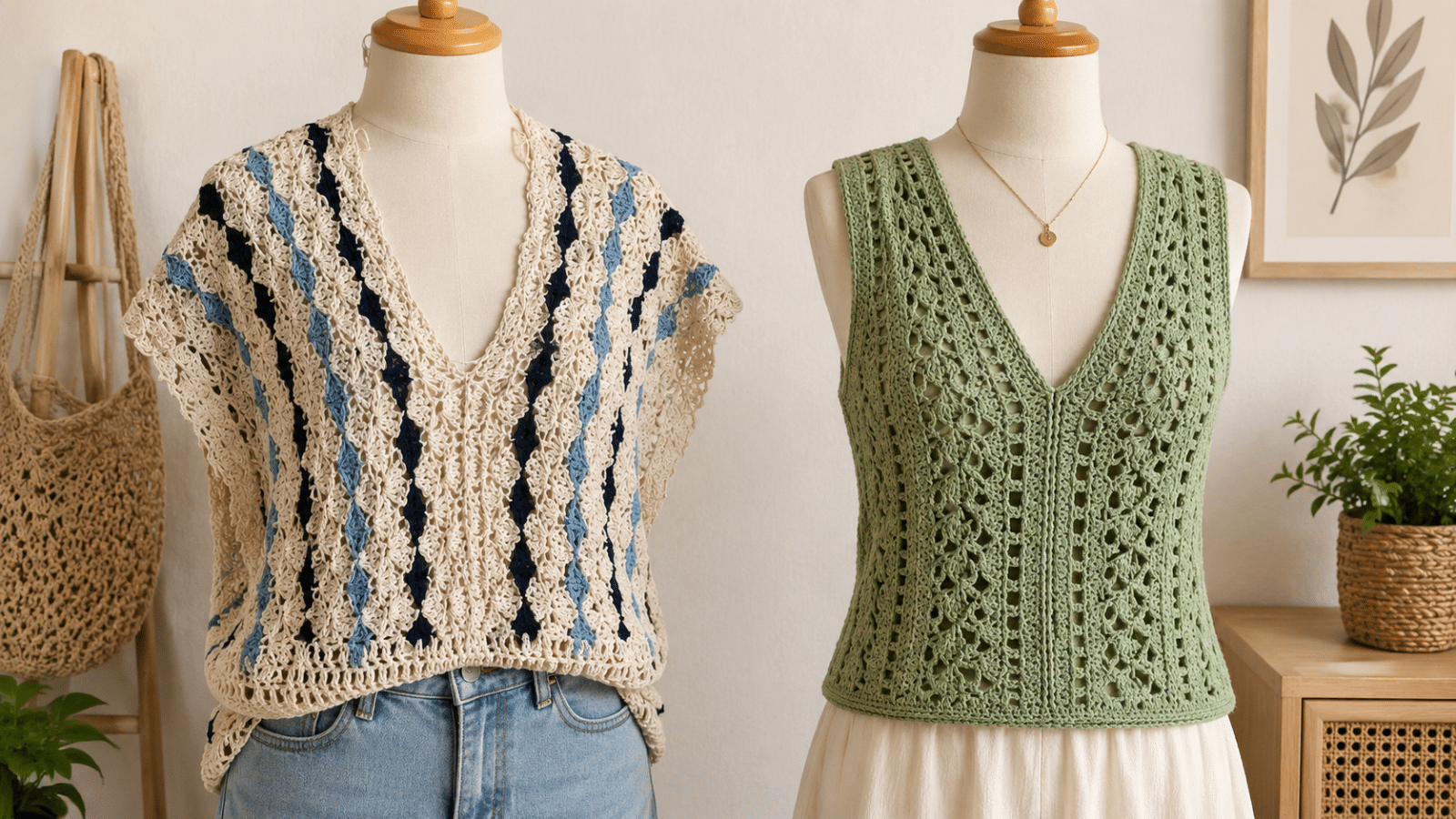 Blusas de crochê em diferentes estilos mostram a força do feito à mão na moda: uma opção mais leve e colorida, outra delicada em verde suave, ambas cheias de textura e personalidade.
