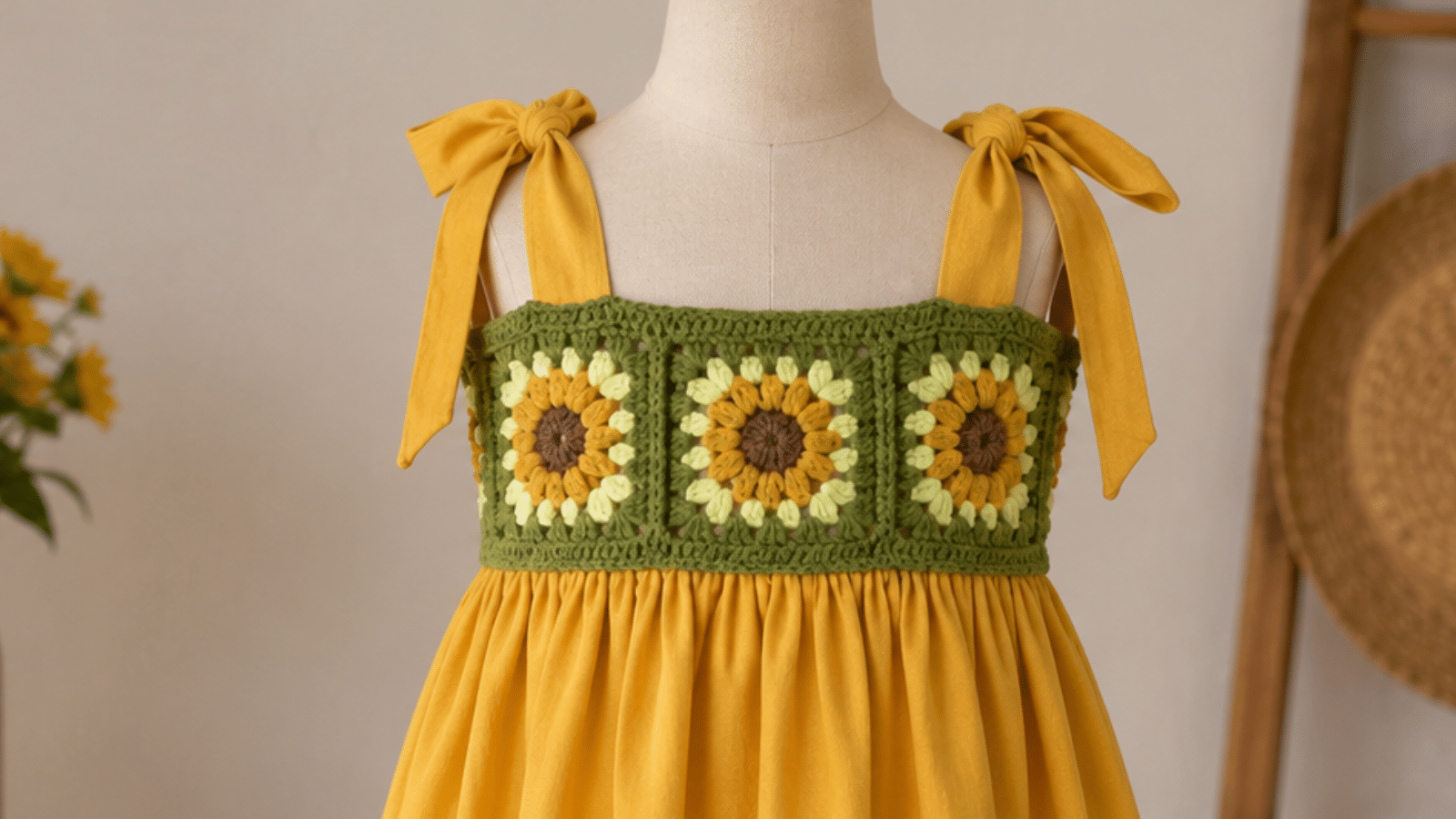 Vestido infantil com detalhe em crochê de girassóis ganha destaque no manequim, valorizando o charme artesanal, a delicadeza das cores e o acabamento feito à mão.
