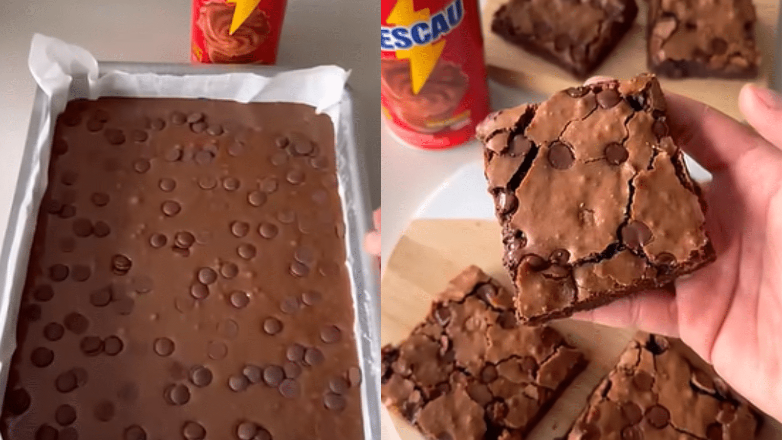 Legenda: Brownie fácil com 5 ingredientes, feito com achocolatado, massa úmida e casquinha crocante por cima para uma sobremesa simples, econômica e cheia de sabor.