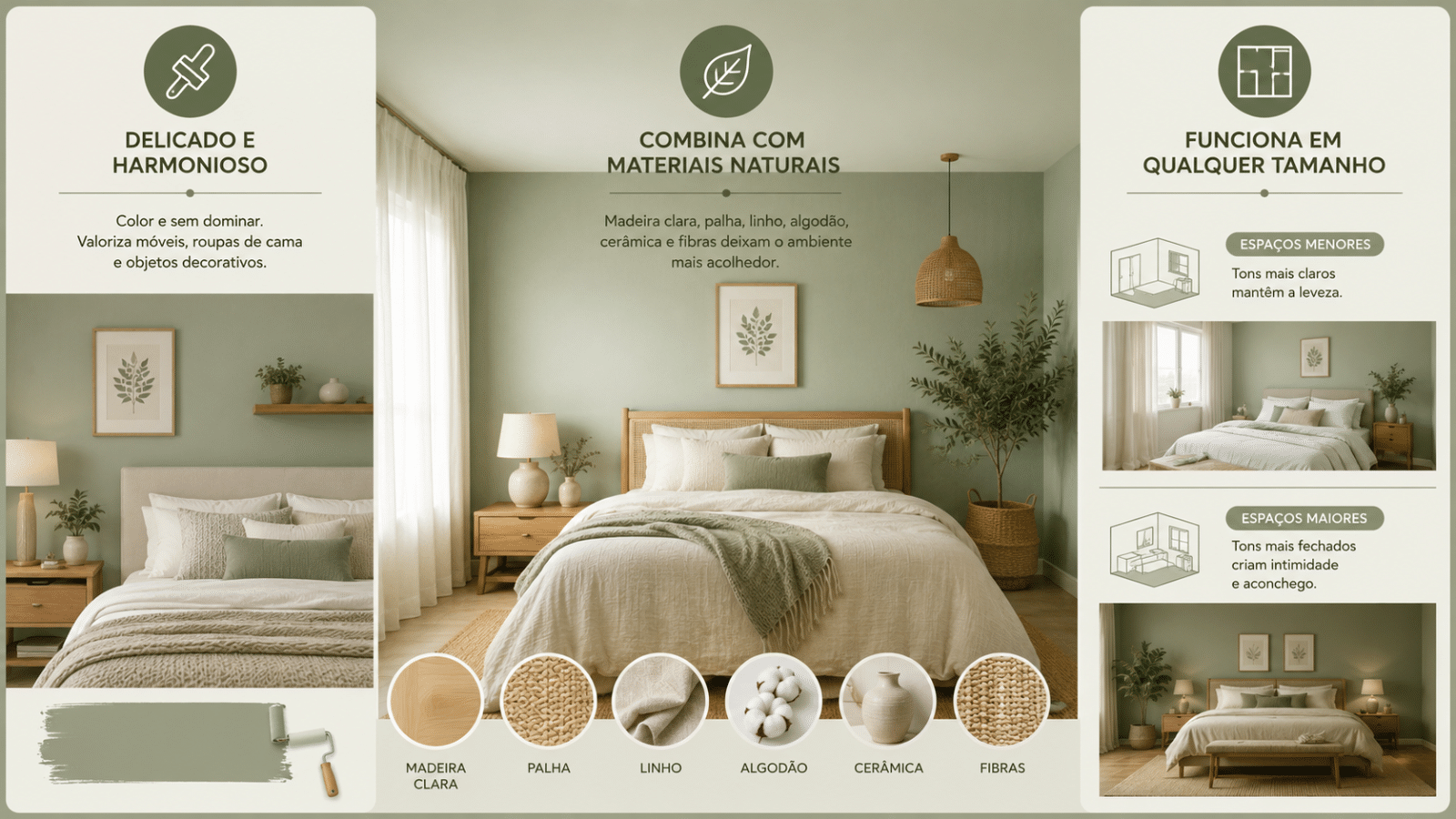 Infográfico sobre parede verde suave no quarto, com ideias de combinação com madeira, linho, algodão, cerâmica e fibras naturais.