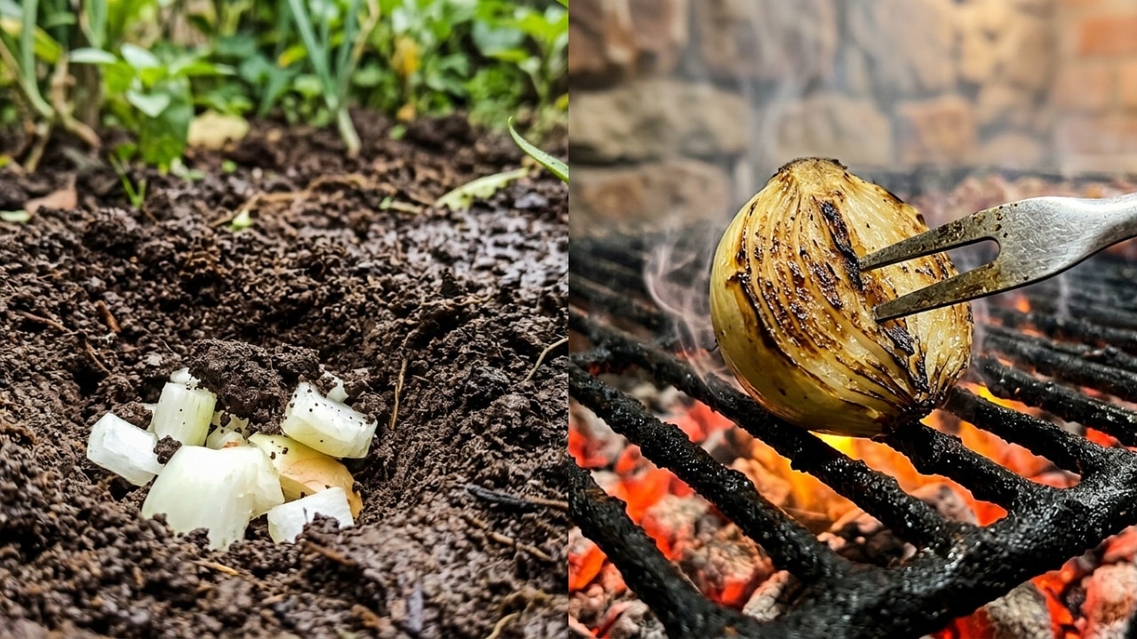 Imagem dividida em duas partes. À esquerda, pedaços de cebola branca colocados em uma cova de terra escura e úmida no jardim. À direita, metade de uma cebola espetada por um garfo longo sendo esfregada em uma grelha preta sobre brasas quentes.