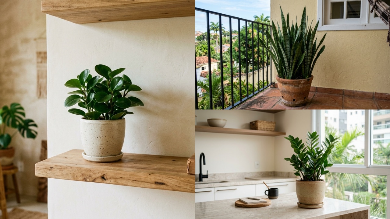Mosaico com três fotos de plantas em ambientes domésticos: uma Peperômia em uma prateleira de madeira rústica, uma Espada-de-São-Jorge em vaso de barro na varanda e uma Zamioculca sobre a bancada clara de uma cozinha moderna.