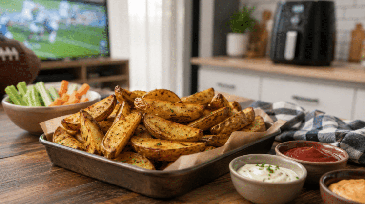 Batata rústica dourada servida em uma travessa sobre mesa de madeira, acompanhada de molhos e com Air Fryer desfocada ao fundo em clima de jogo em casa.