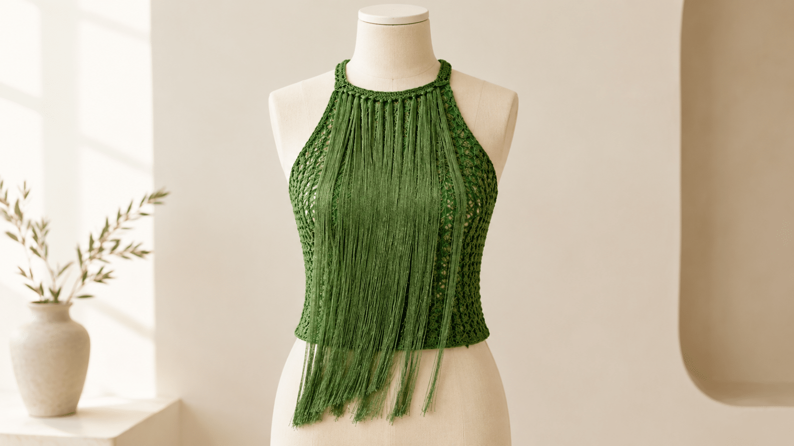 Blusa Ipê em crochê verde com ponto vazado e franjas