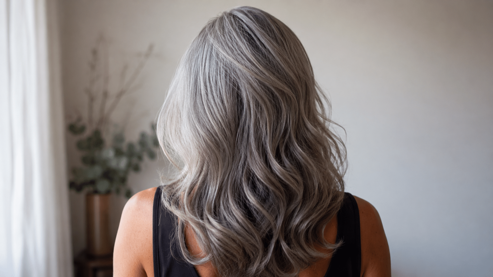Mulher de costas com cabelos grisalhos longos e ondulados