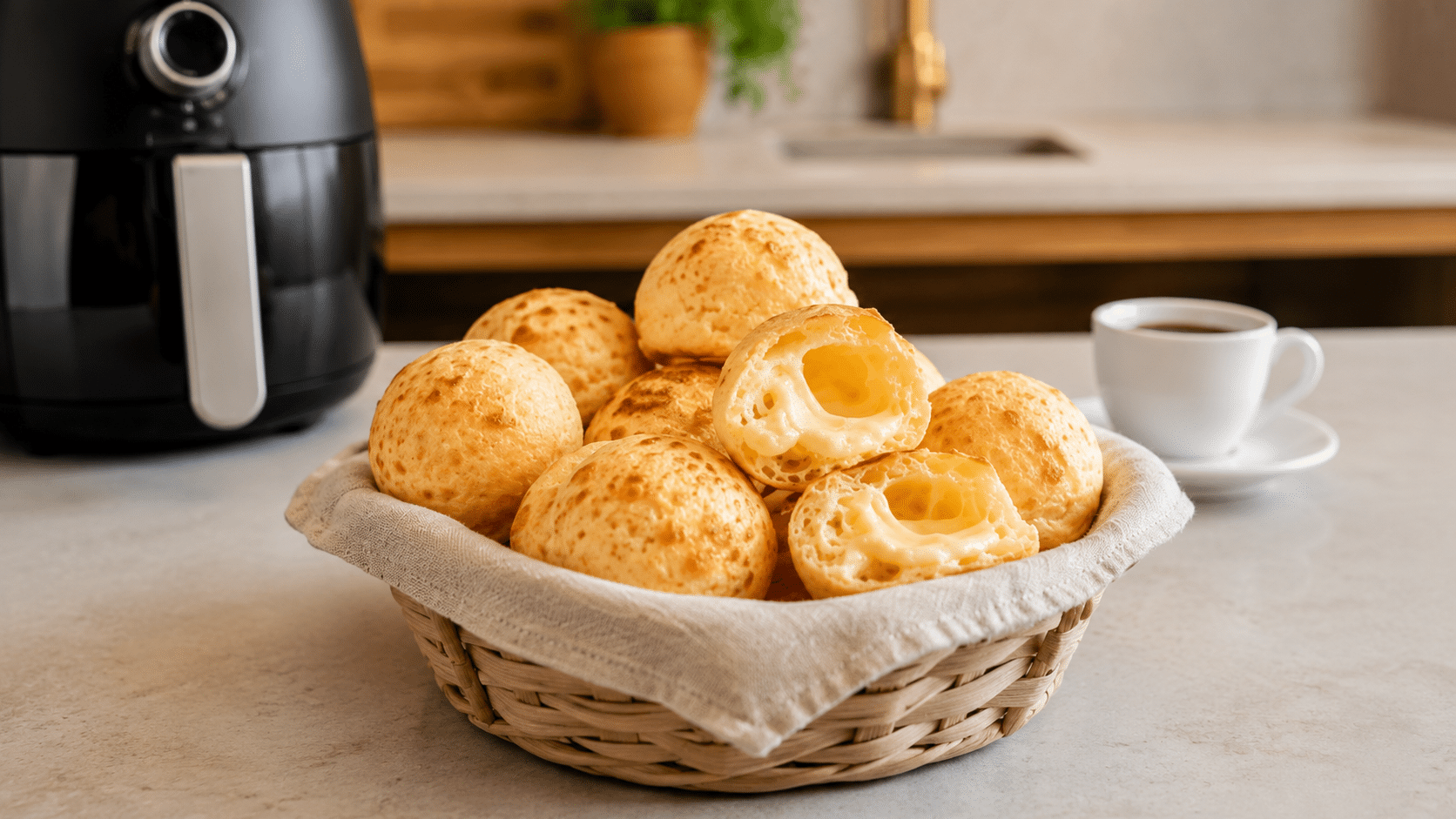 Pães de queijo dourados feitos na Air Fryer servidos em cesta clara, com alguns abertos mostrando interior macio e queijo derretido, ao fundo uma Air Fryer desfocada e uma xícara de café.
