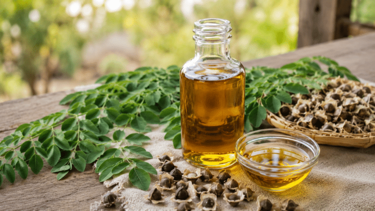Óleo de moringa dourado em recipiente de vidro ao lado de sementes de moringa.