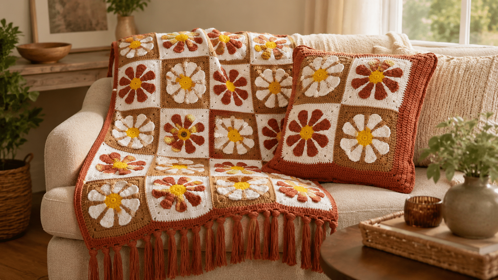Conjunto Manta e Almofada Flower Power com flores de crochê