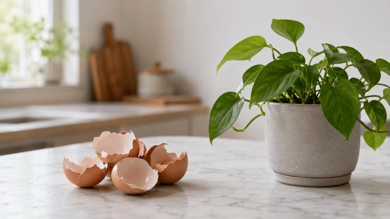 Balcão com casca de ovo e vaso de planta