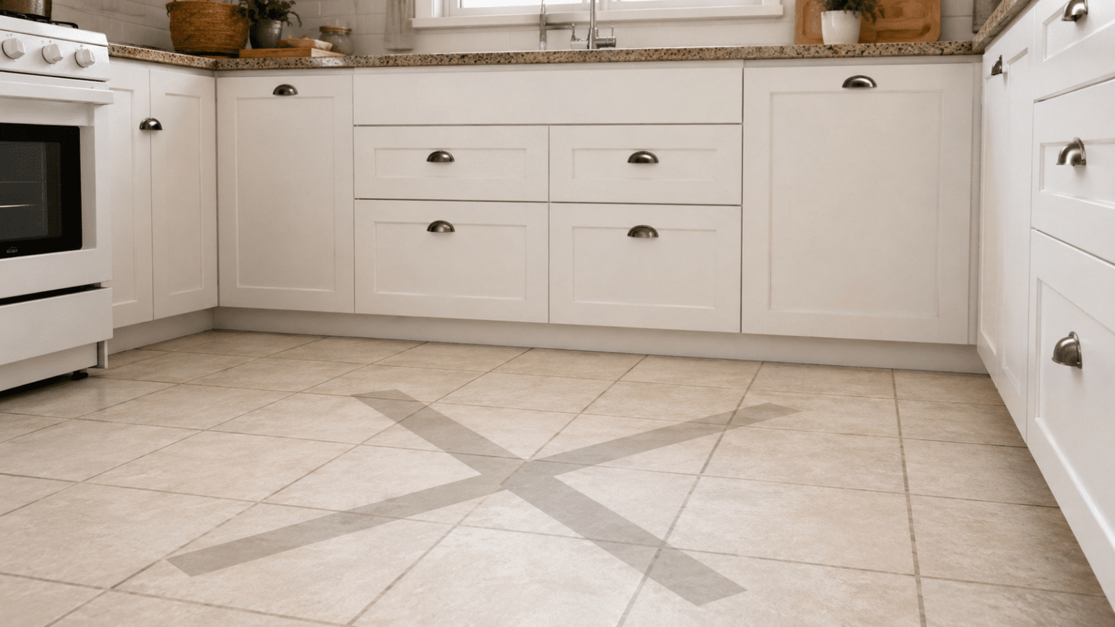 Cozinha minimalista renovada com piso contínuo em tom de madeira clara.