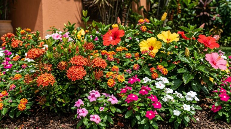 Canteiro de jardim exuberante e colorido com uma mistura de hibiscos vermelhos e amarelos, flores Ixora laranjas, Lantanas e vincas em tons de rosa e branco.