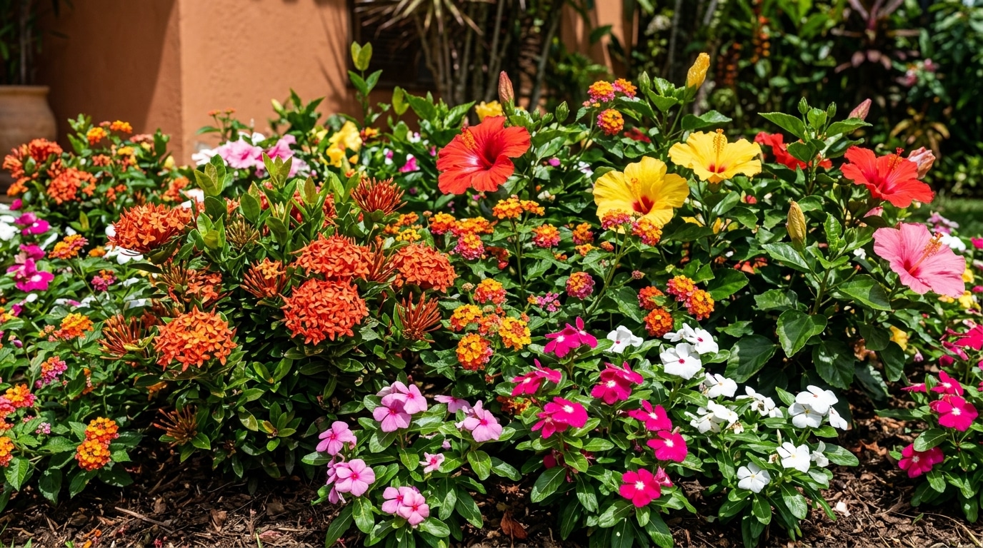 Canteiro de jardim exuberante e colorido com uma mistura de hibiscos vermelhos e amarelos, flores Ixora laranjas, Lantanas e vincas em tons de rosa e branco.