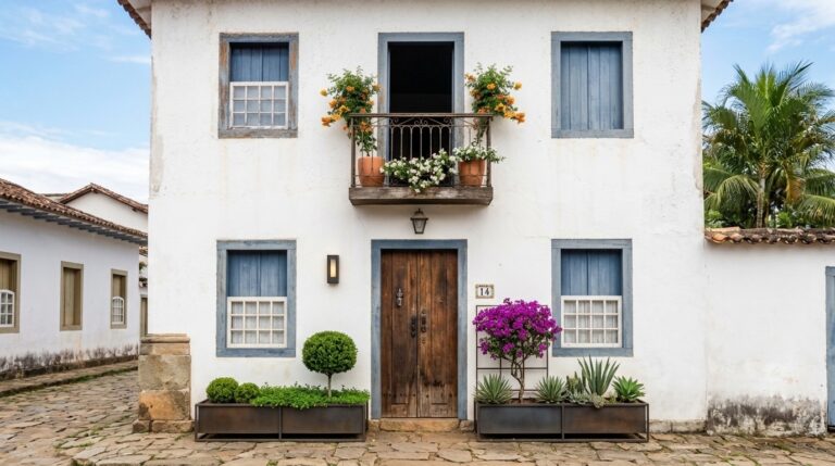 Sobrado colonial de parede branca com janelas de esquadria azul. No segundo andar, uma pequena sacada de ferro guarda vasos com flores amarelas e brancas. No térreo, floreiras retangulares de metal abrigam mini buxinhos, cactos, agaves e uma arvoreta de primavera rosa florescendo.