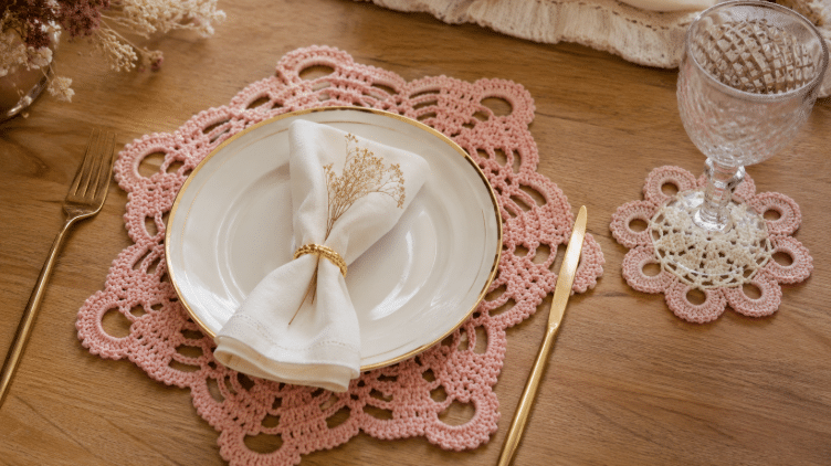Mesa de madeira com sousplat e porta copo de crochê em tons de rosa e creme, compondo uma mesa posta delicada com prato branco, guardanapo e taça.