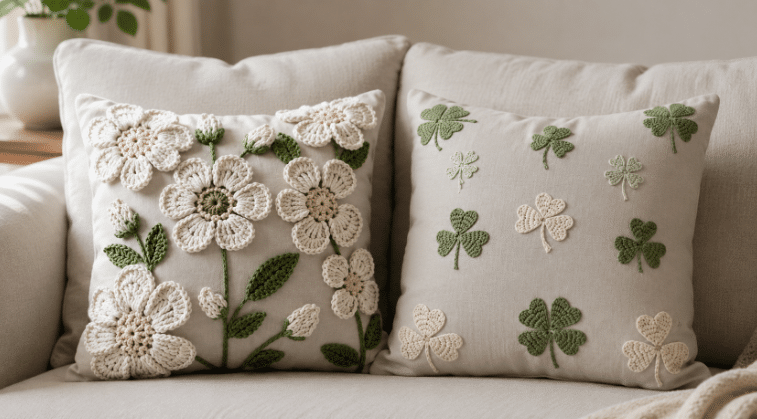 Sofá claro com duas almofadas decorativas em tecido neutro, uma com flores de crochê em relevo e folhas verdes, e outra com aplicações de trevos em crochê verde e creme.