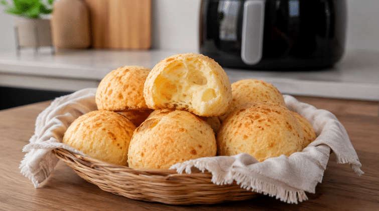 Cesta com pães de queijo dourados feitos na Air Fryer sobre mesa de madeira, com um deles aberto mostrando o interior macio e a Air Fryer desfocada ao fundo.