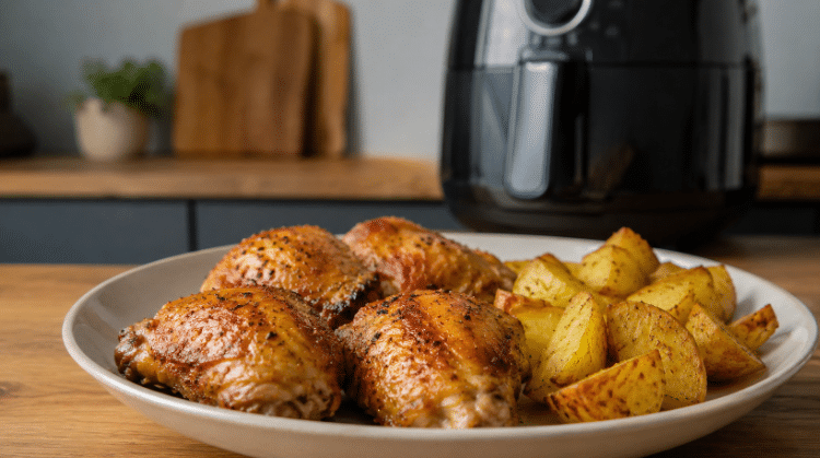 Prato claro com pedaços de frango dourado e batatas assadas feito na Air Fryer, sobre mesa de madeira, com a fritadeira levemente desfocada ao fundo.