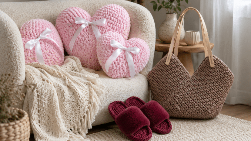Ambiente aconchegante com peças artesanais em destaque, incluindo almofadas de coração rosa sobre uma poltrona clara, bolsa de crochê marrom ao lado e chinelos felpudos vinho sobre o tapete.