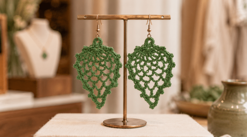 Par de brincos de crochê verde, com desenho rendado e formato alongado, expostos em um suporte de loja sobre uma bancada clara, em ambiente delicado e acolhedor.