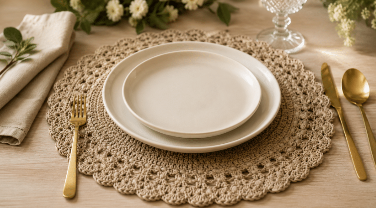 Sousplat redondo de crochê em tom bege, com borda rendada, disposto sobre uma mesa posta com pratos claros, talheres dourados e decoração suave.