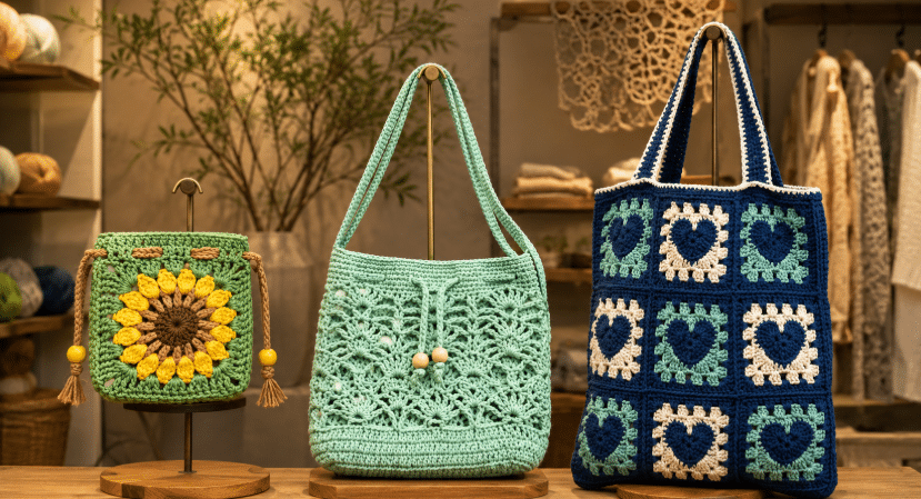 Três bolsas de crochê expostas lado a lado em uma loja artesanal: uma bolsa pequena com girassol, uma bolsa verde-clara com ponto rendado e uma bolsa azul com corações.