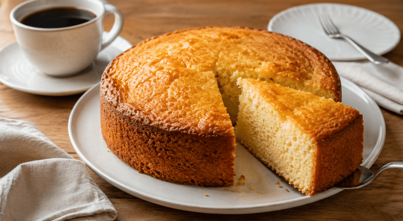 Bolo simples de 3 ingredientes servido em um prato claro sobre mesa de madeira, com uma fatia cortada mostrando a massa macia por dentro e uma xícara de café ao lado.