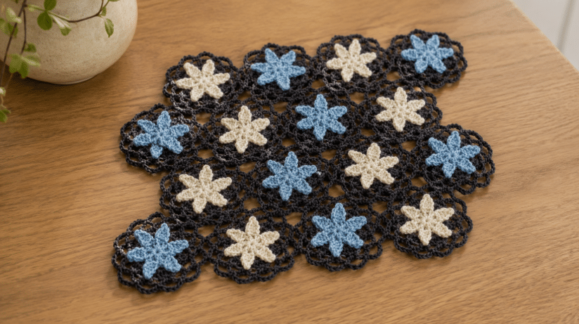 Motivos circulares de crochê em diferentes cores sobre mesa de artesanato, alguns soltos e outros unidos em peça decorativa.