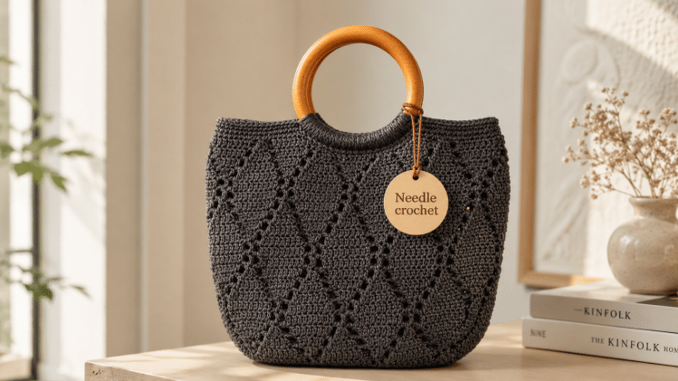 Bolsa de crochê cinza escuro com alça circular de madeira, exibida sobre mesa clara em ambiente aconchegante e sofisticado.