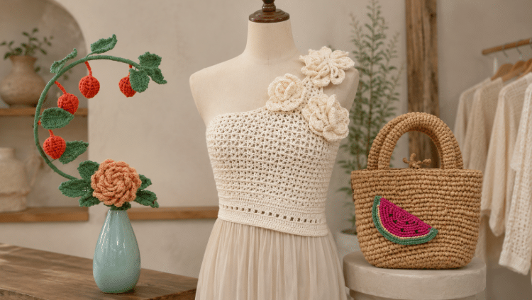Ambiente de loja artesanal com uma blusa de crochê em manequim, uma bolsa de crochê exposta sobre suporte e um vaso decorativo com arranjo de crochê.
