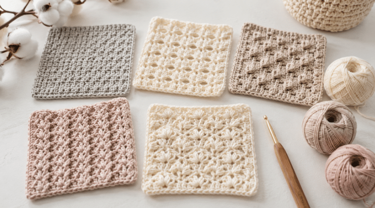 Mesa clara com amostras de diferentes pontos de crochê em tons neutros e suaves, acompanhadas de agulha de crochê e pequenos novelos de algodão.
