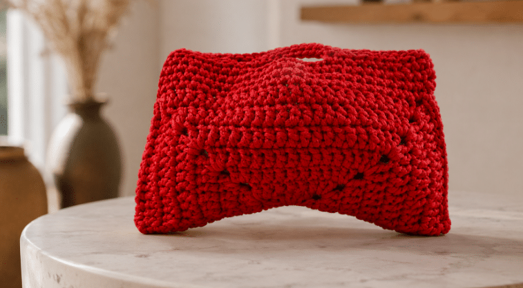 Bolsa de crochê vermelha com textura encorpada e detalhe central franzido, exposta sobre mesa clara em ambiente artesanal minimalista.