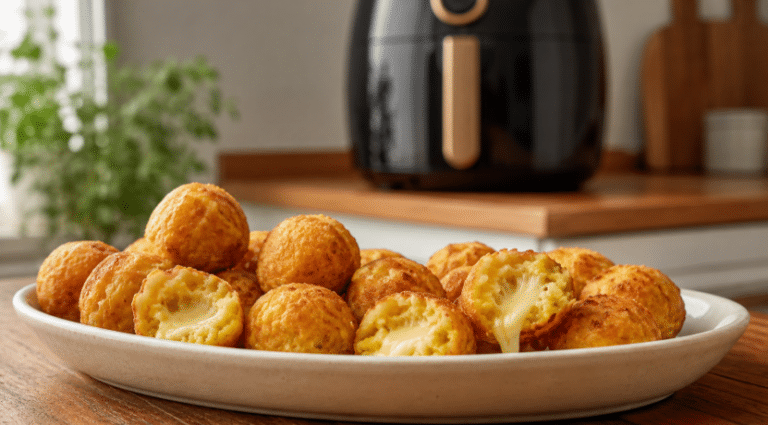 Bolinhos de milho com queijo feitos na Air Fryer, dourados e servidos em travessa para petiscar no domingo.