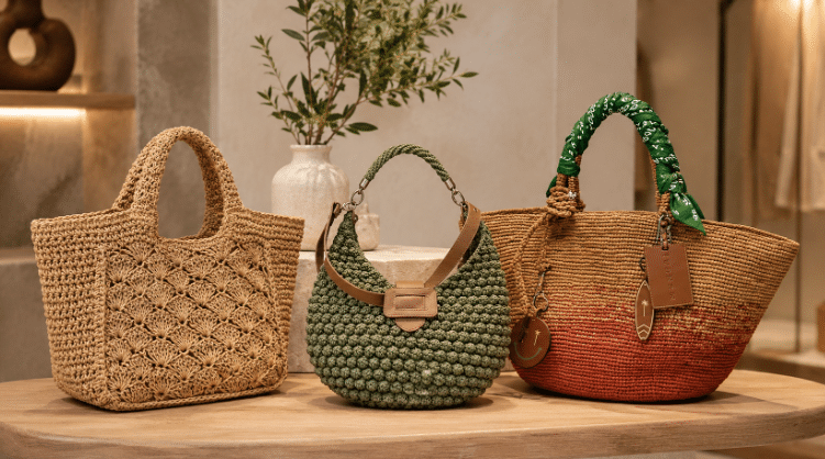 Três bolsas de crochê em estilos diferentes expostas sobre uma mesa de madeira em ambiente de loja sofisticado, com decoração neutra e iluminação aconchegante.