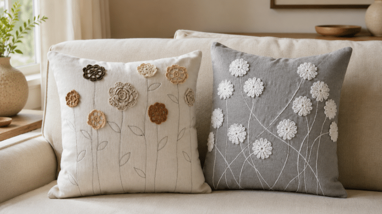 Duas almofadas decorativas com flores de crochê aplicadas, uma em tecido claro e outra cinza, apoiadas lado a lado sobre um sofá bege em ambiente aconchegante.