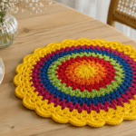 Sousplat redondo de crochê com padrão cromático em tons vibrantes e borda amarela rendada, disposto sobre uma mesa de madeira em uma composição elegante de mesa posta.