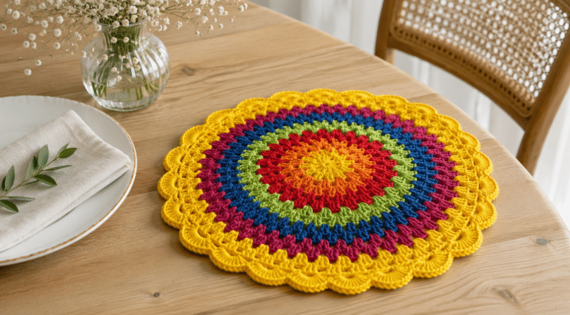 Sousplat redondo de crochê com padrão cromático em tons vibrantes e borda amarela rendada, disposto sobre uma mesa de madeira em uma composição elegante de mesa posta.